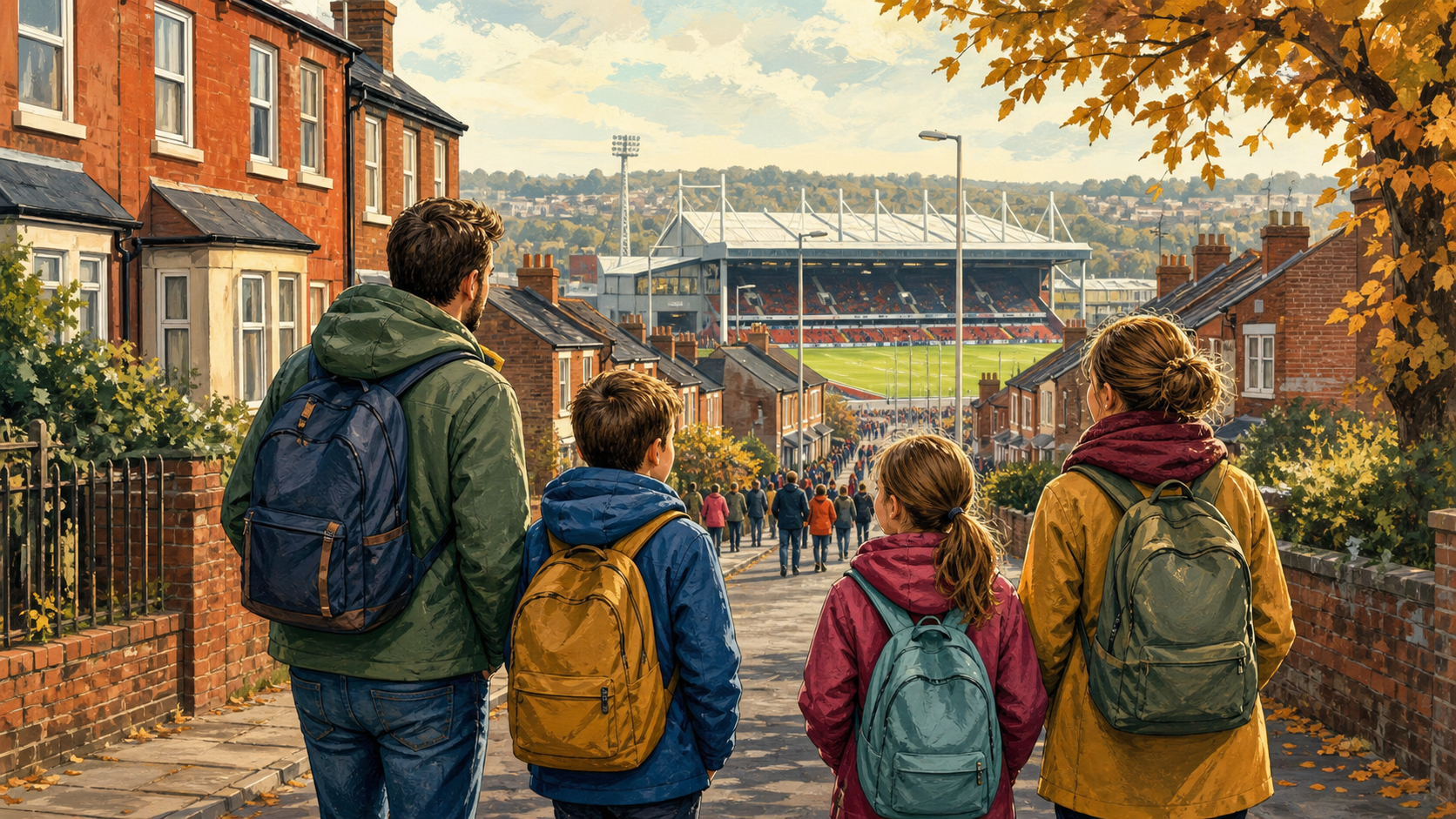 Illustration av en familj på väg till en engelsk fotbollsarena.