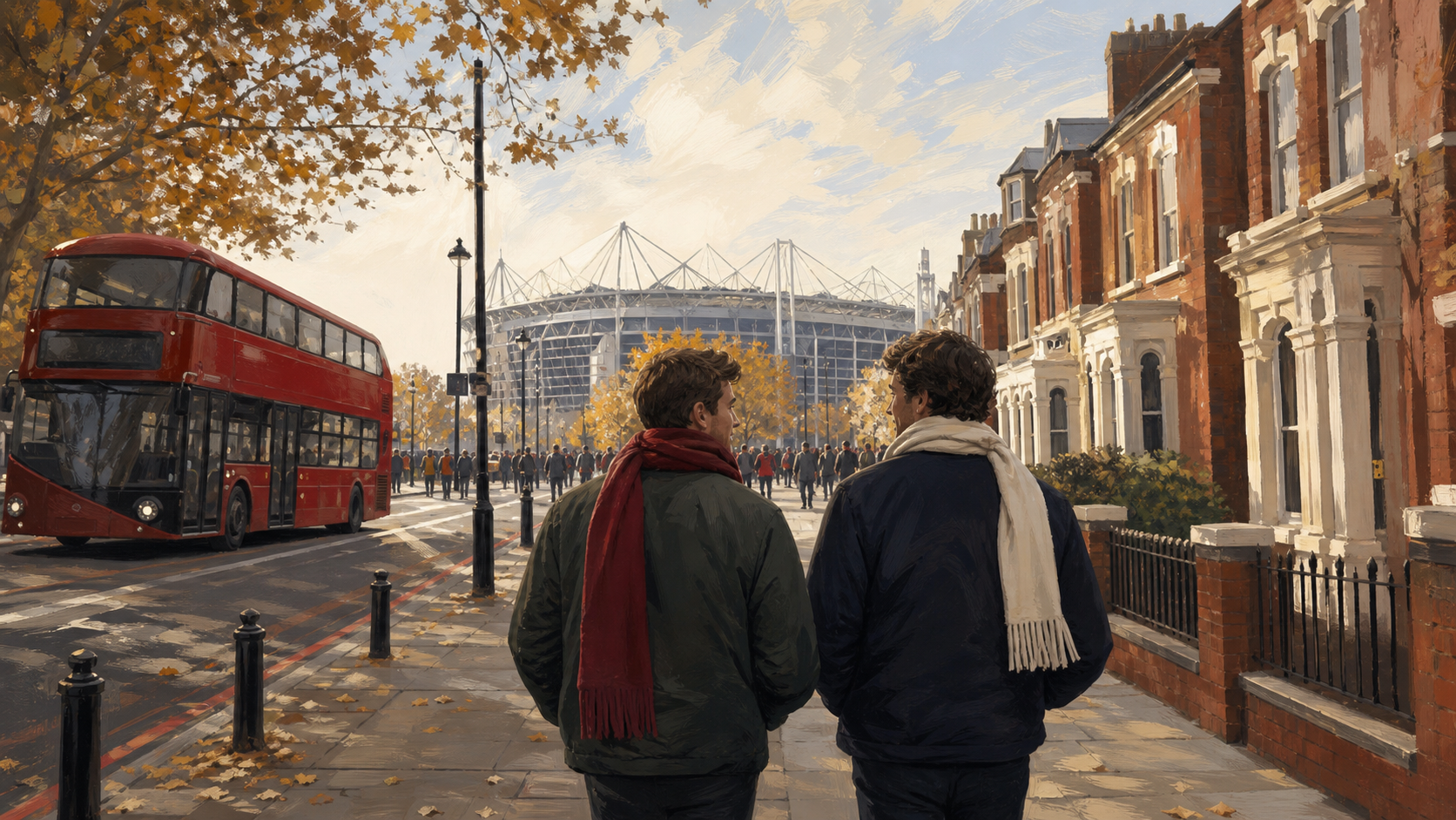 Illustration av två supportrar på väg genom London mot en fotbollsarena.