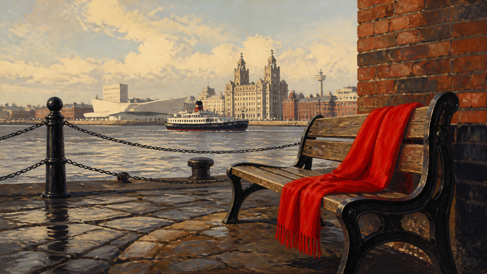 Illustration av en röd fotbollshalsduk vid floden Mersey.