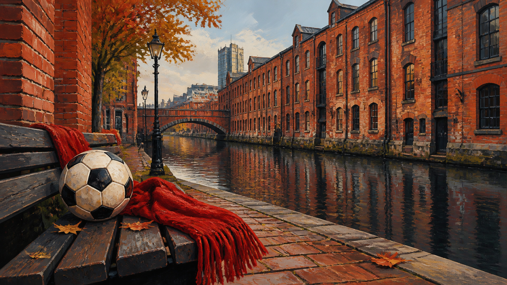 Illustration av en röd halsduk och fotboll vid en kanal i Manchester.