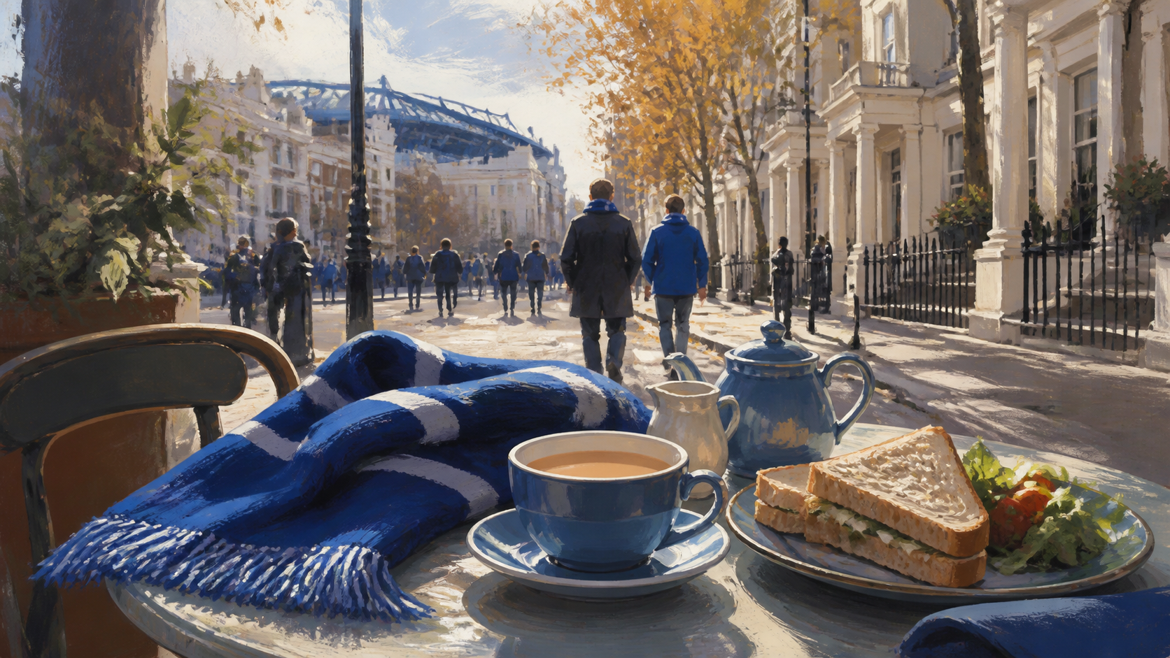 Illustration av en blå halsduk och lunch före en fotbollsmatch i London.
