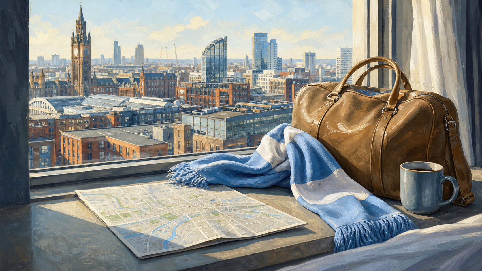 Illustration av ljusblå halsduk och weekendväska vid ett hotellfönster.