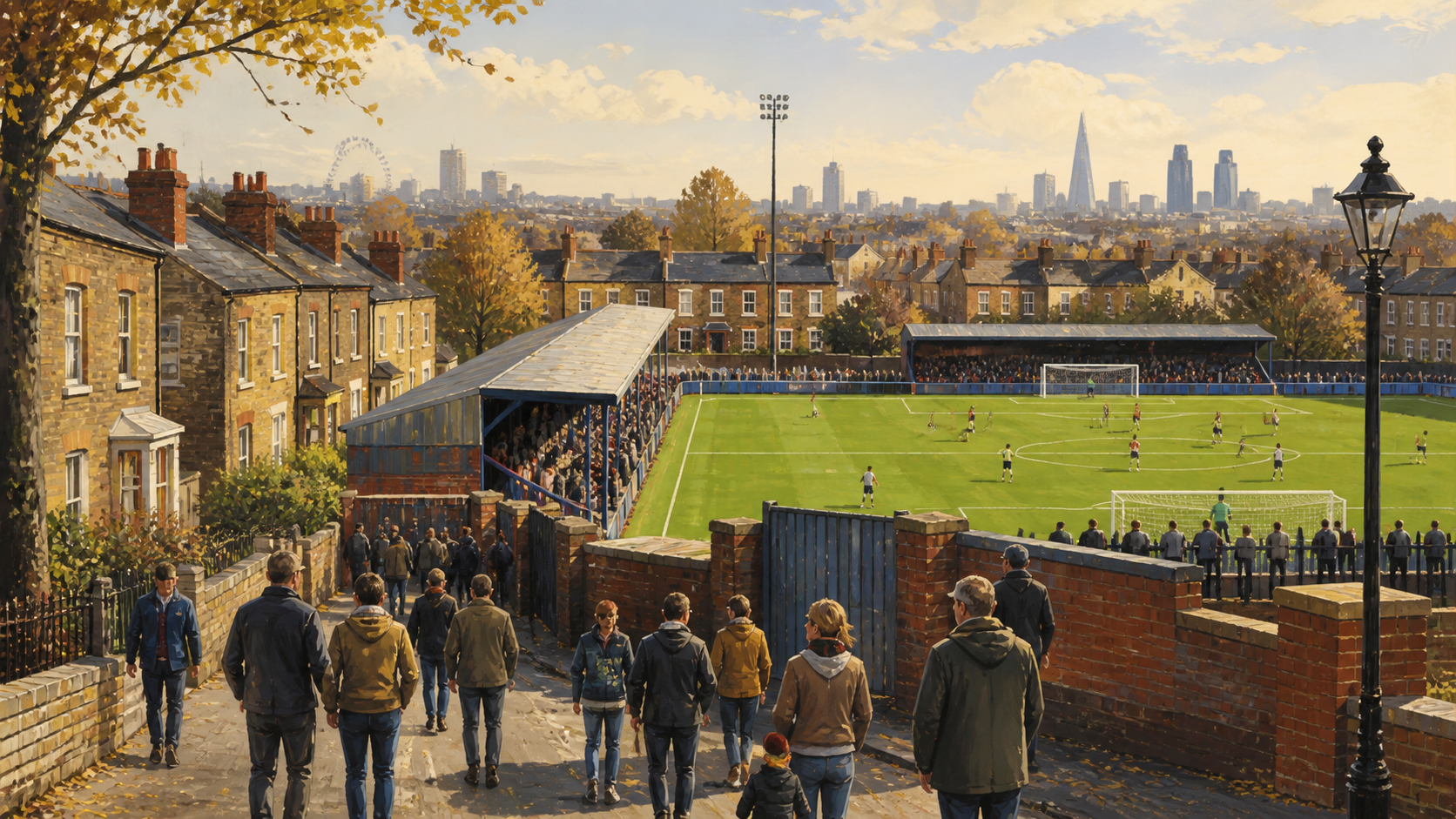 Illustration av en mindre fotbollsarena bland bostadskvarter.