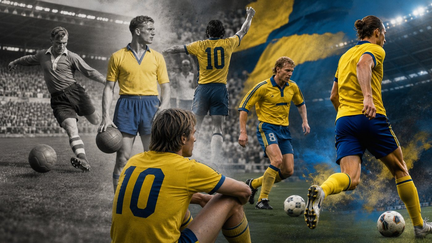 Redaktionell illustration till Sveriges största fotbollsprofiler genom tiderna – från Nordahl till Zlatan