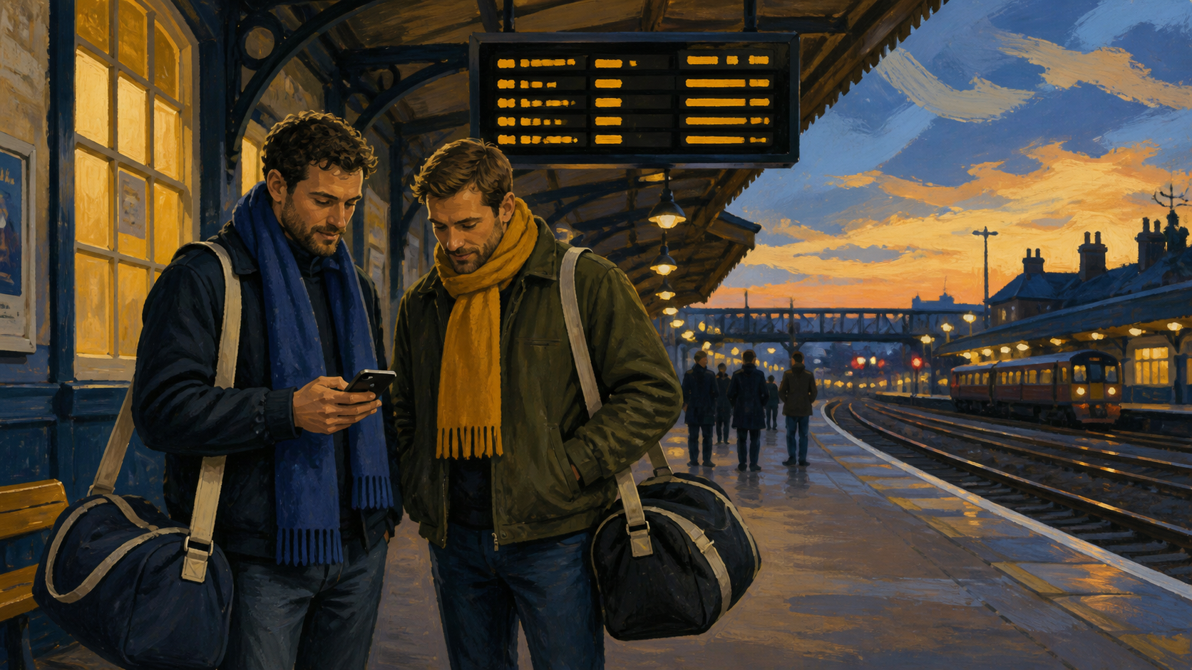 Fotbollsresenärer kontrollerar resplanen på stationen, illustration