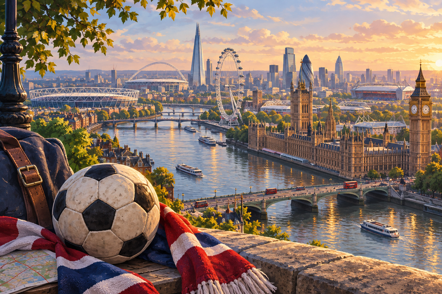 Illustrerat Londonpanorama med Themsen, fotbollsarenor, en boll och supporterhalsduk.