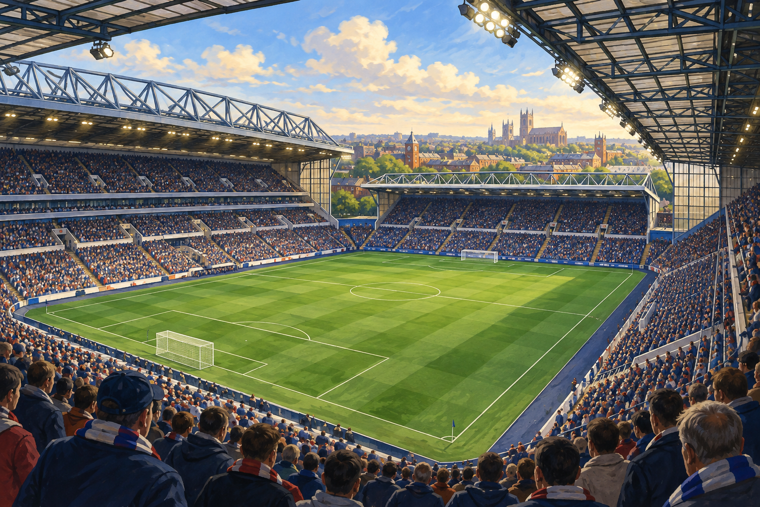 Illustration av en engelsk fotbollsarena med läktare, takstolar och grön spelplan.