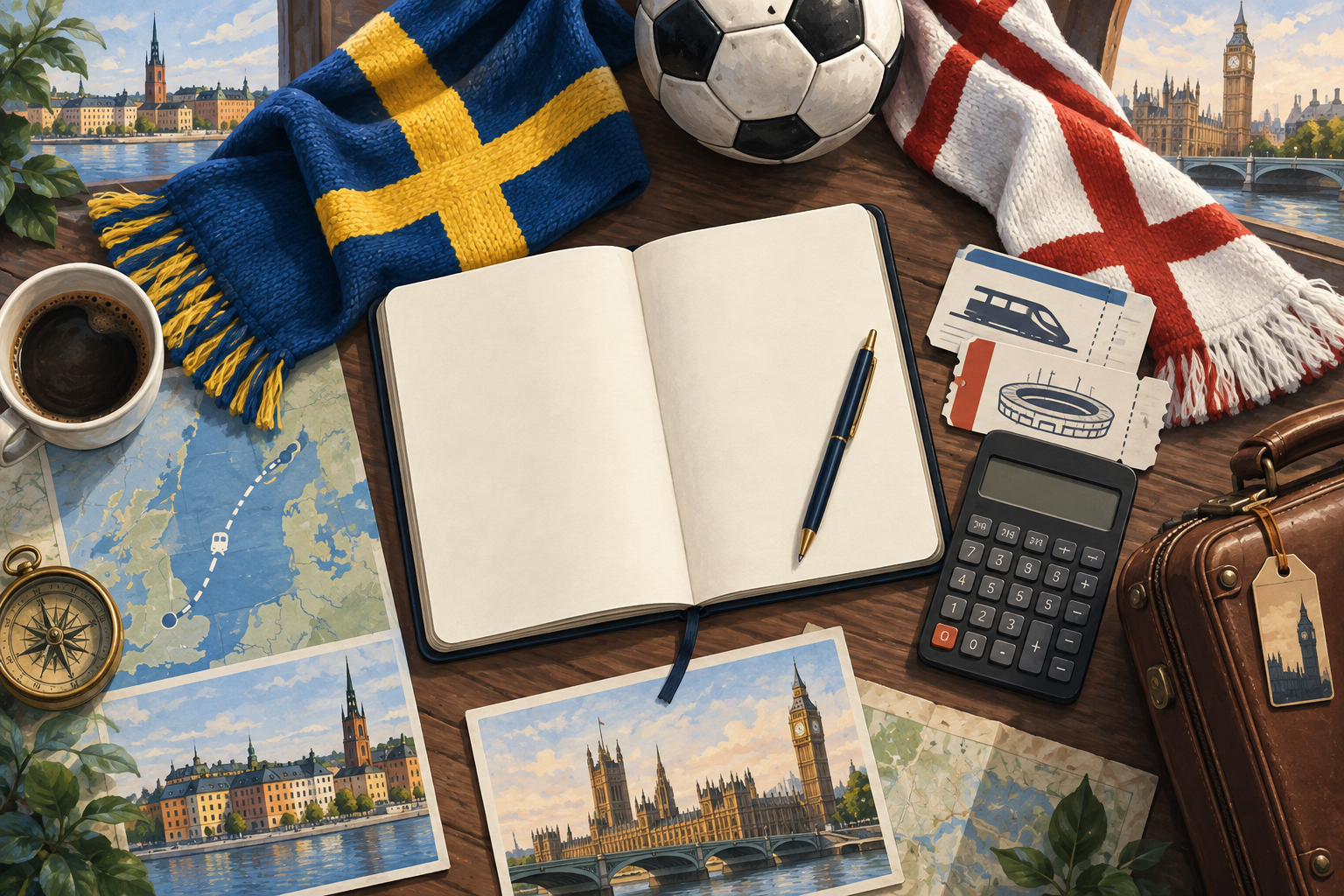 Illustrerad resebudget med anteckningsbok, miniräknare, fotboll och svenska och engelska färger.