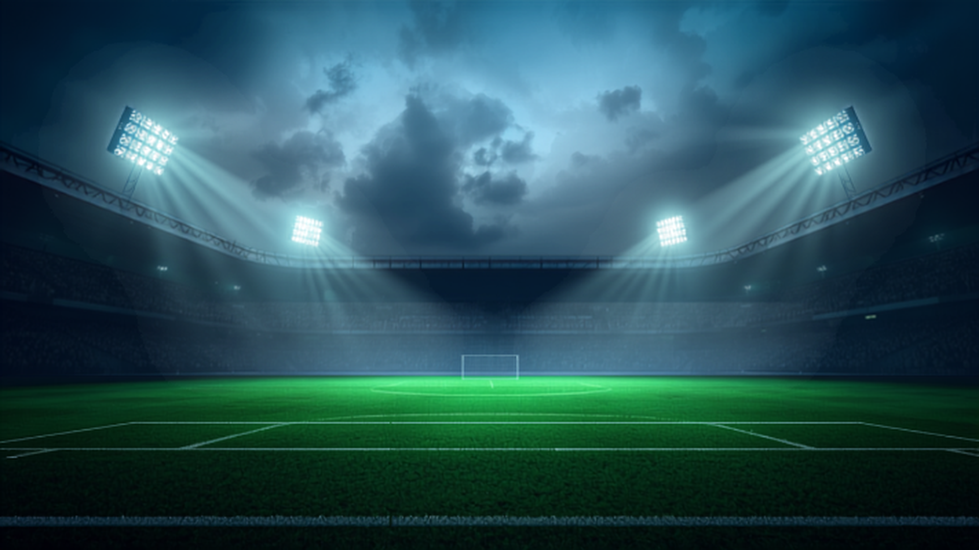 Fotbollsarena i kvällsljus, atmosfär utan klubblogotyper