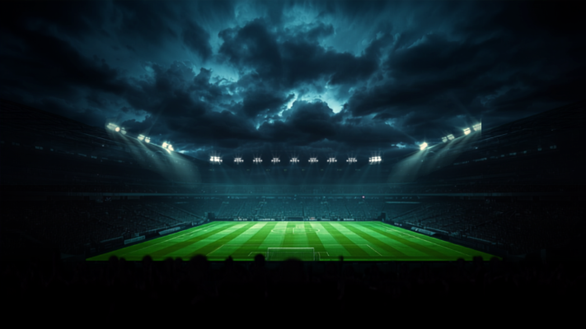 Fotbollsarena i kvällsljus, atmosfär utan klubblogotyper