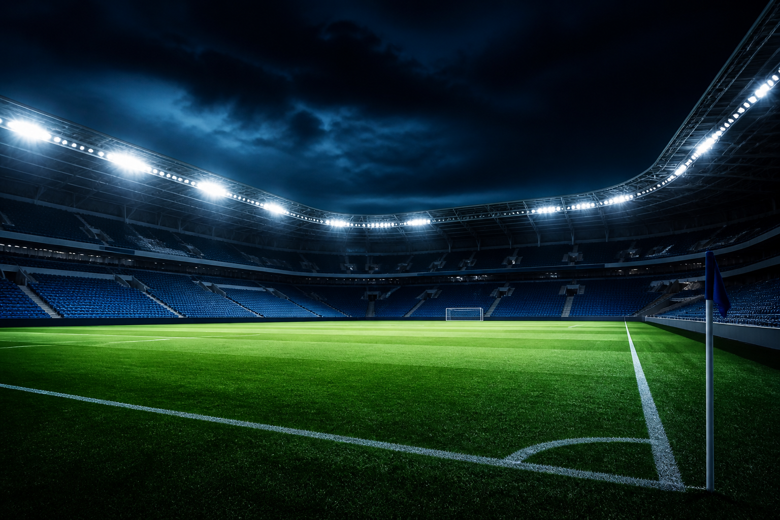 Fotbollsarena under strålkastare, blå-svarta toner