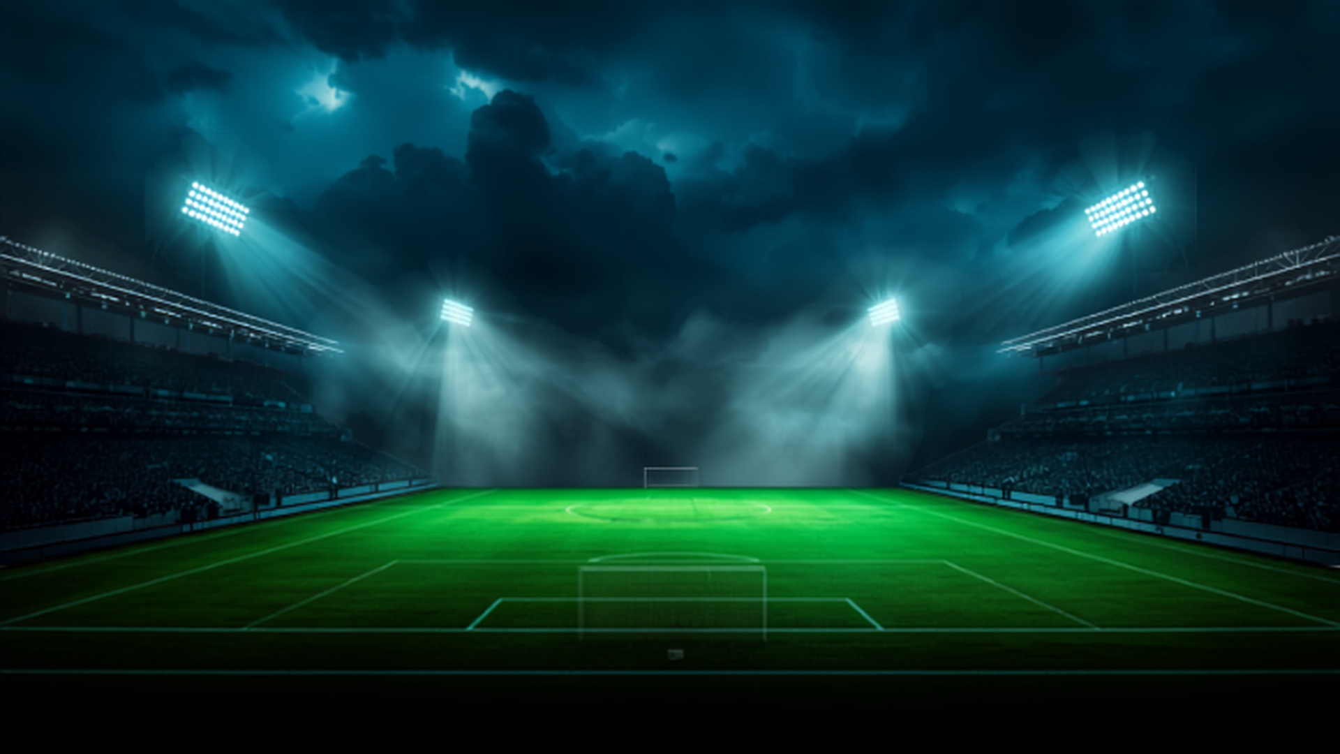 Fotbollsarena i kvällsljus, atmosfär utan klubblogotyper