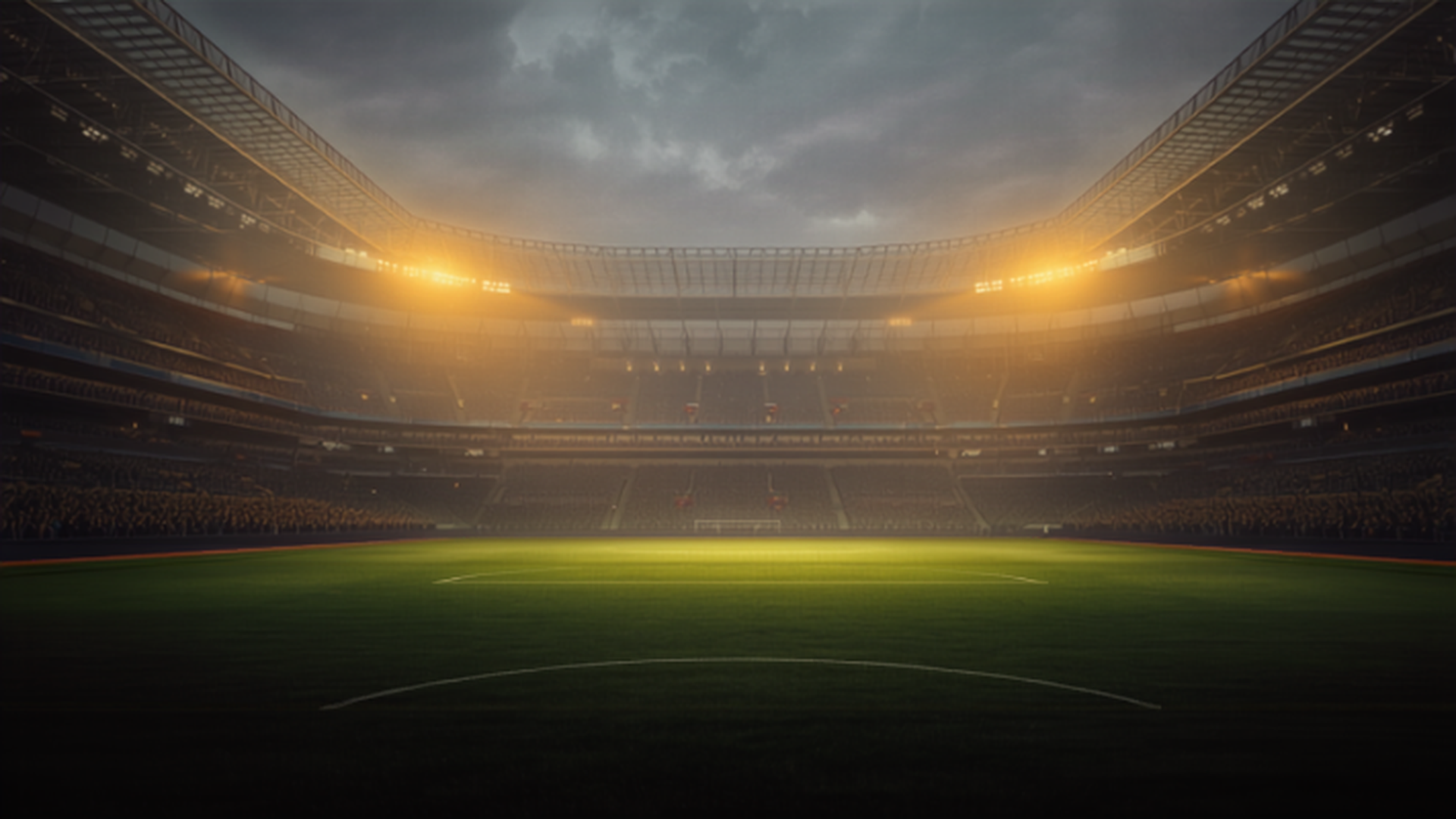 Fotbollsarena i kvällsljus, atmosfär utan klubblogotyper