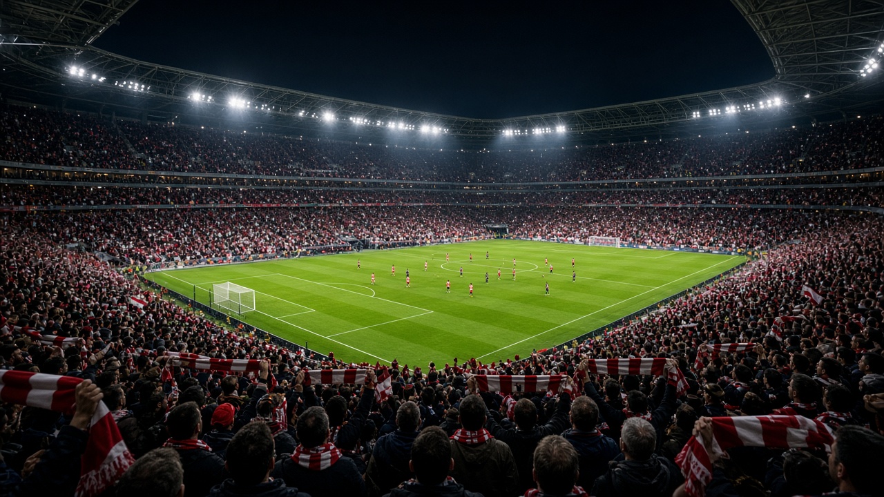 Fullsatt fotbollsstadion i kvällsljus under match