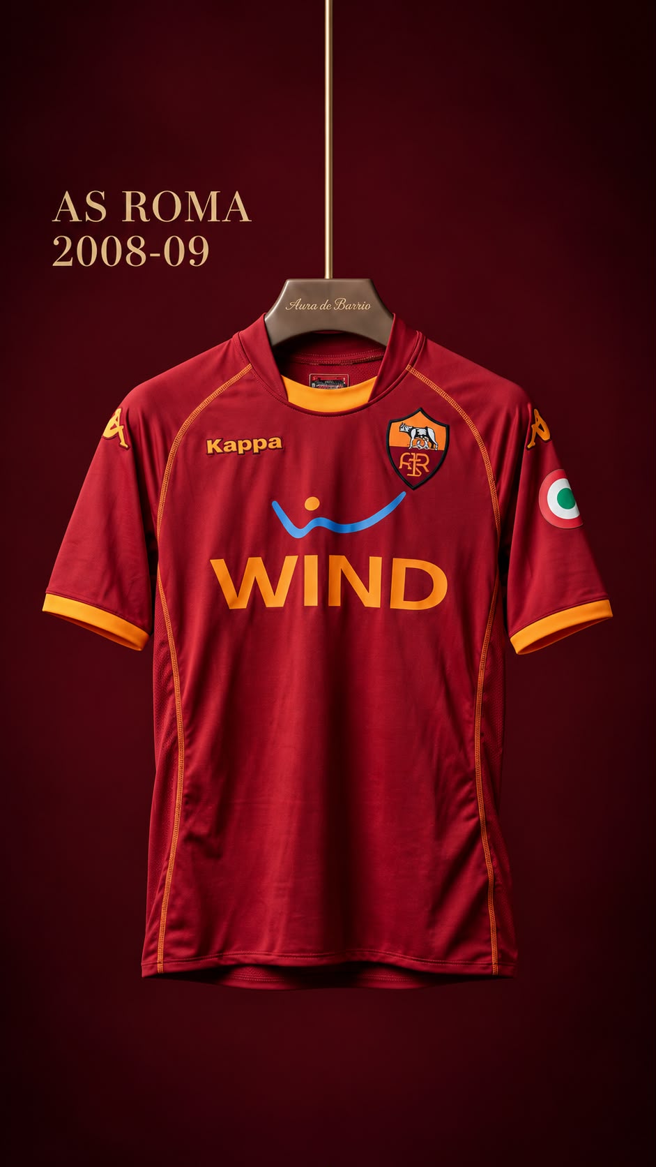 AS Romas röda hemmatröja 2008–09 från Kappa med Wind-sponsor och orange krage